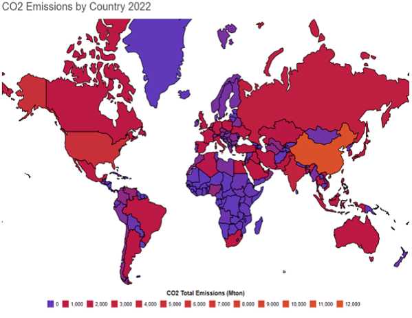 Global map showing CO2 emissions by country 2022