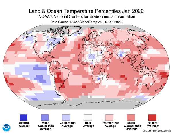 Map of global temperature percentiles for January 2022
