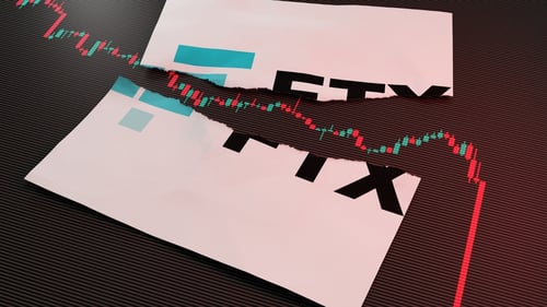 Price chart rips through printed FTX logo