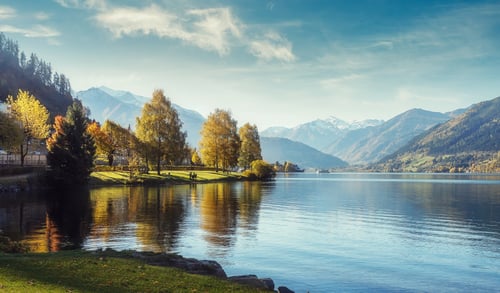 Idyllic Austrian lake near mountains