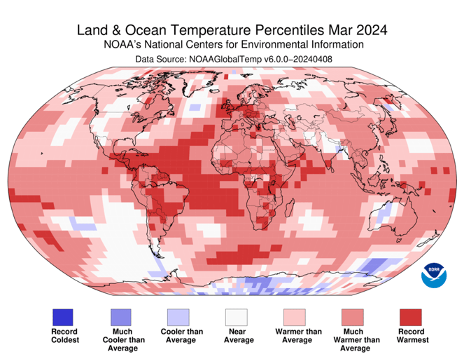 Land and Ocean Temperature Percentiles March 2024.