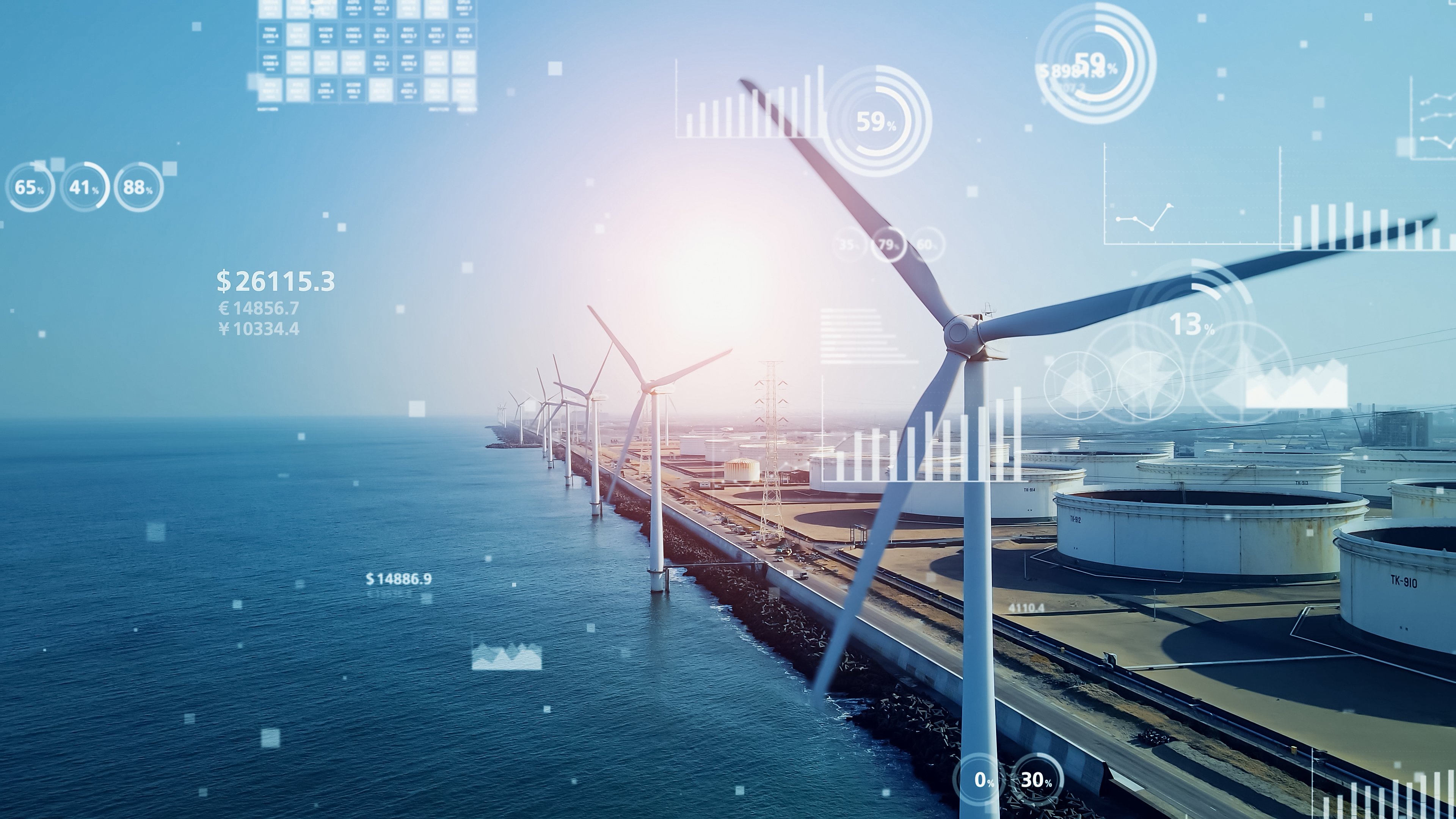 Windmills on a dock with superimposing data points