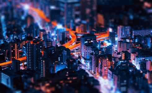 Stylized night-time Tokyo view from the sky