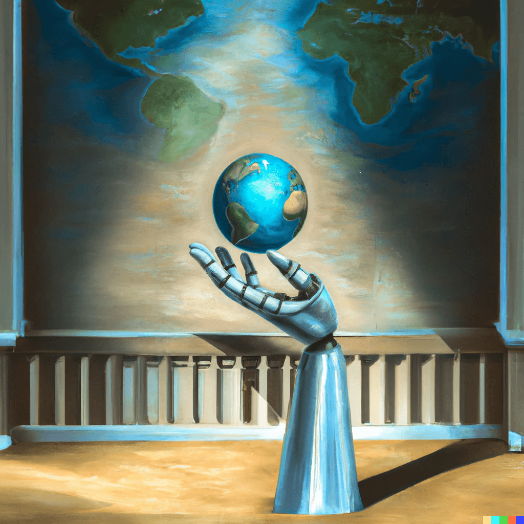 Illustration of a globe hovering above a robotic hand in a painted style