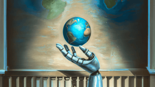 Illustration of a globe hovering above a robotic hand in a painted style